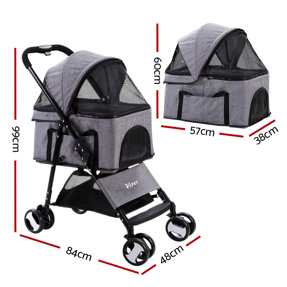 i.Pet Foldable Pet Stroller 3 IN 1 Middle Grey