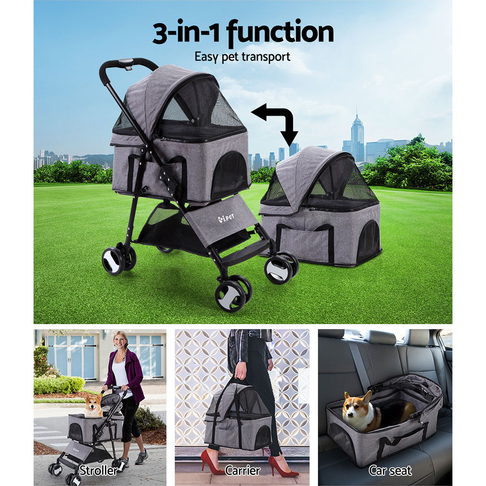 i.Pet Foldable Pet Stroller 3 IN 1 Middle Grey