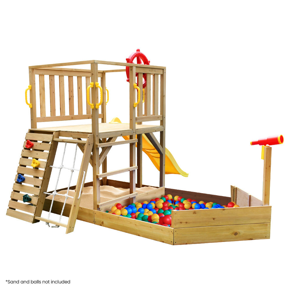 Rovo Kids Boat-Shaped Wooden Sand Pit Tower with Slide and Climbing Wall