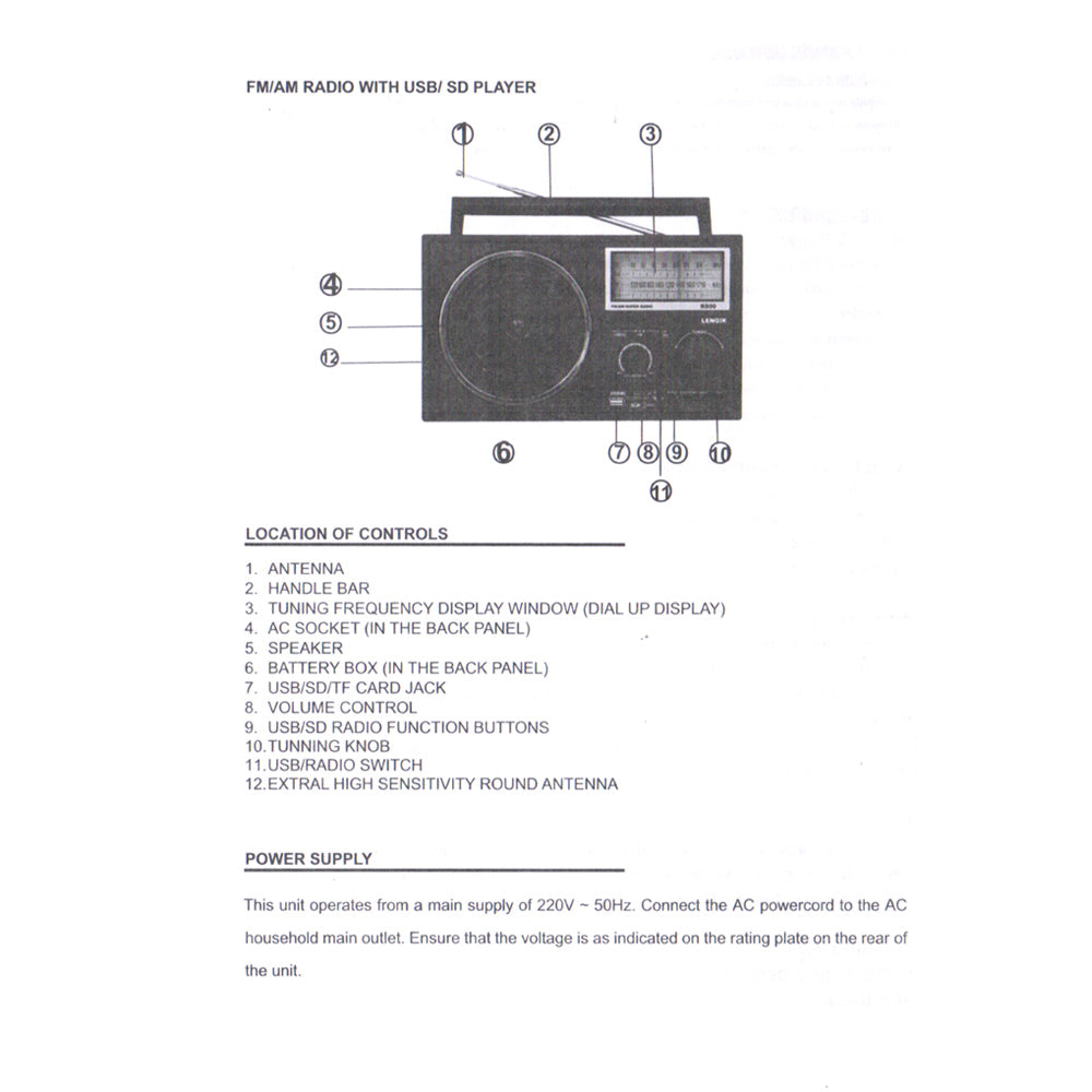 Black Portable AM/FM Super Radio AC/DC w/External antenna jack/ USB/SD Card Port