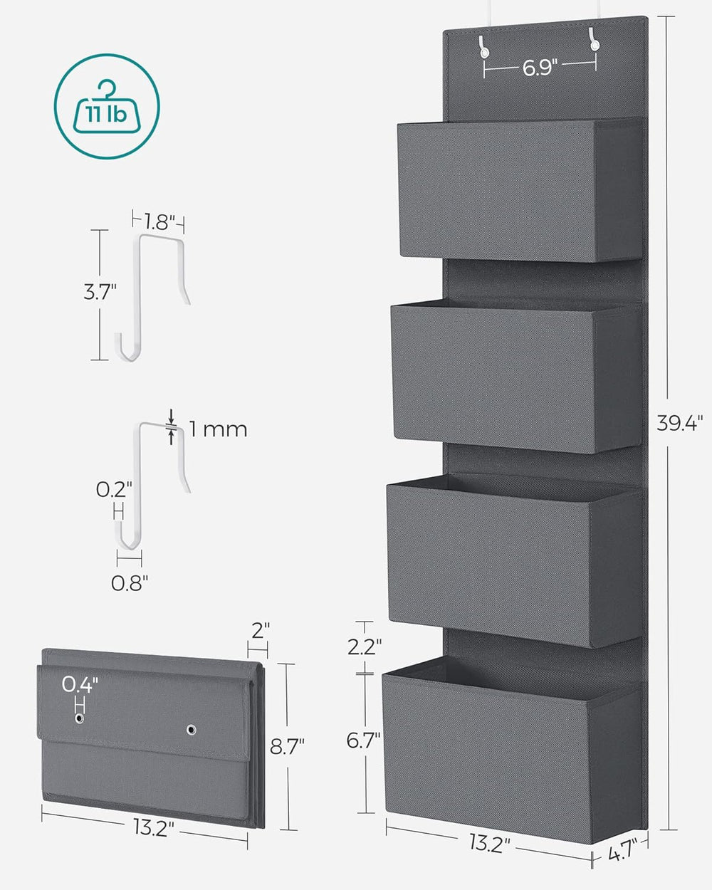 Songmics Hanging Closet Organizers and Storage with 4 Compartments Gray