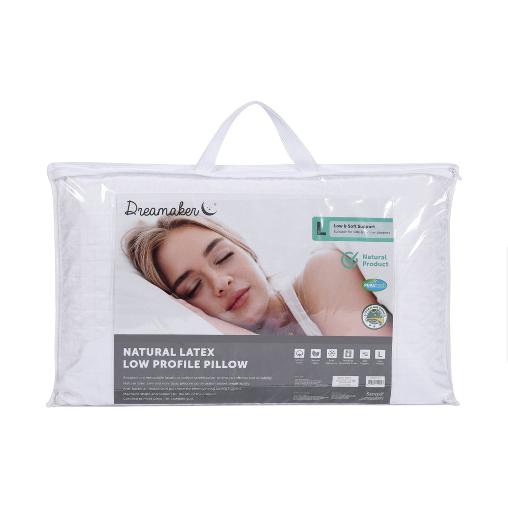 Dreamaker Natural Latex Pillow Pure Cotton Cover Breathable Temperature Regulating Low Profile 60x40x10cm