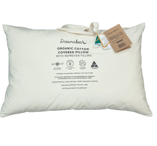 Dreamaker Organic Cotton Pillow REPREVE Recycled Performance Fibre Filling Plush Eco-Friendly Antibacterial Standard 73x48x10cm