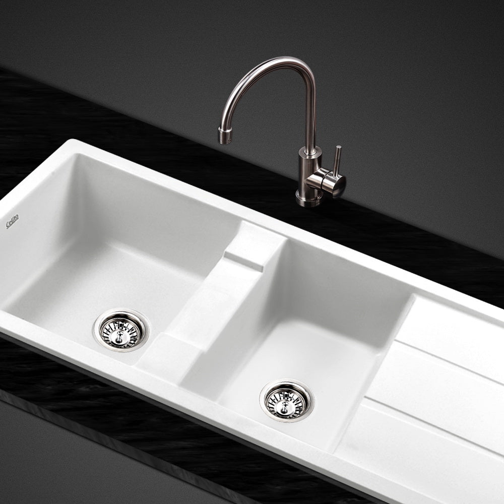 Cefito Kitchen Sink Granite Double Basin White 1160X500mm
