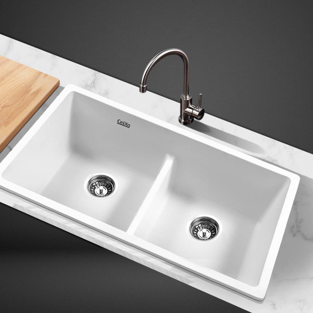 Cefito Stone Kitchen Sink Granite Basin Double White 790X460MM