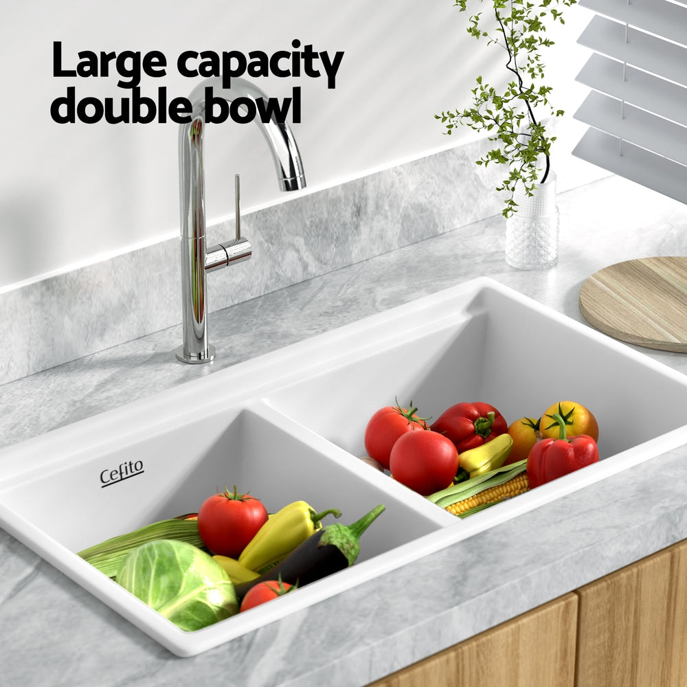 Cefito Kitchen Granite Sink Double Bowl 79cmx46cm White