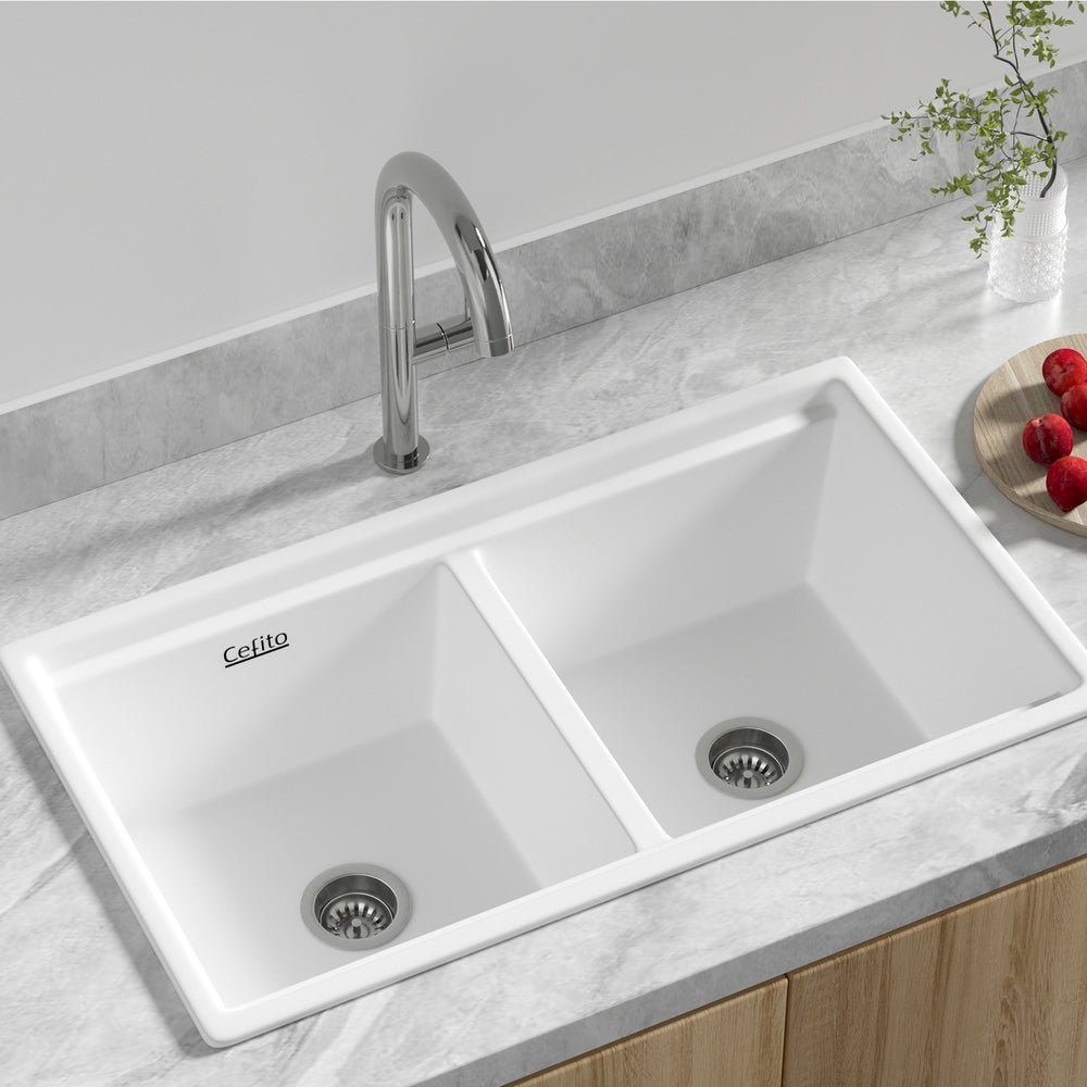 Cefito Kitchen Granite Sink Double Bowl 79cmx46cm White