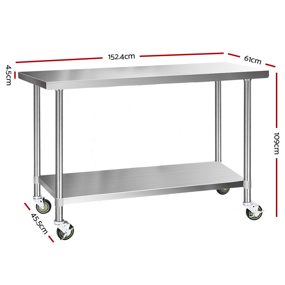 Cefito 304 Stainless Steel Work Bench Table with Wheels 152.4cmx61cm