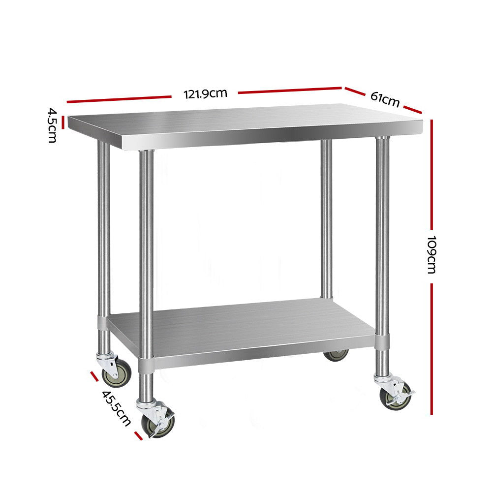 Cefito 430 Stainless Steel Bench Food Prep 121.9cmx61cm Table with Wheels