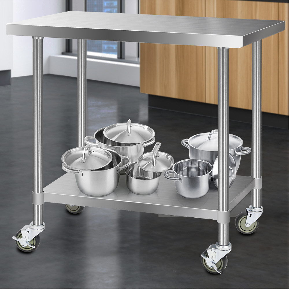 Cefito 430 Stainless Steel Bench Food Prep 121.9cmx61cm Table with Wheels