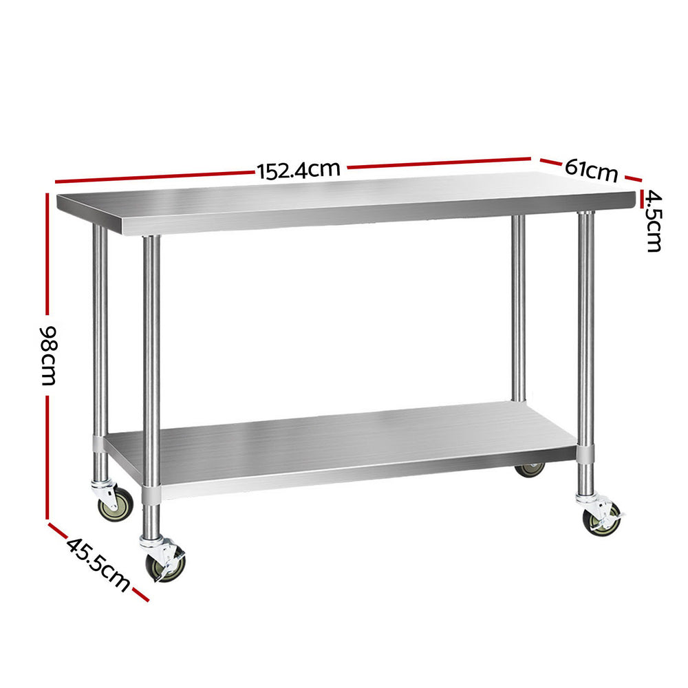 Cefito 430 Stainless Steel Bench Food Prep 152.4cmx61cm Table with Wheels