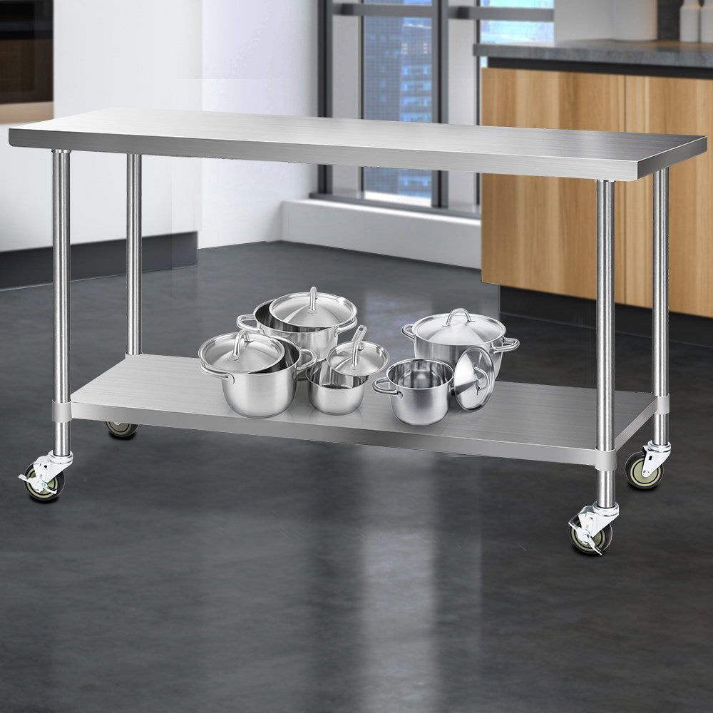 Cefito 430 Stainless Steel Bench Food Prep 182.9cmx61cm Table with Wheels