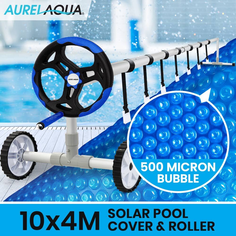 AURELAQUA Cover Pool Roller and 10x4m Solar Blanket 500 Micron, Blue