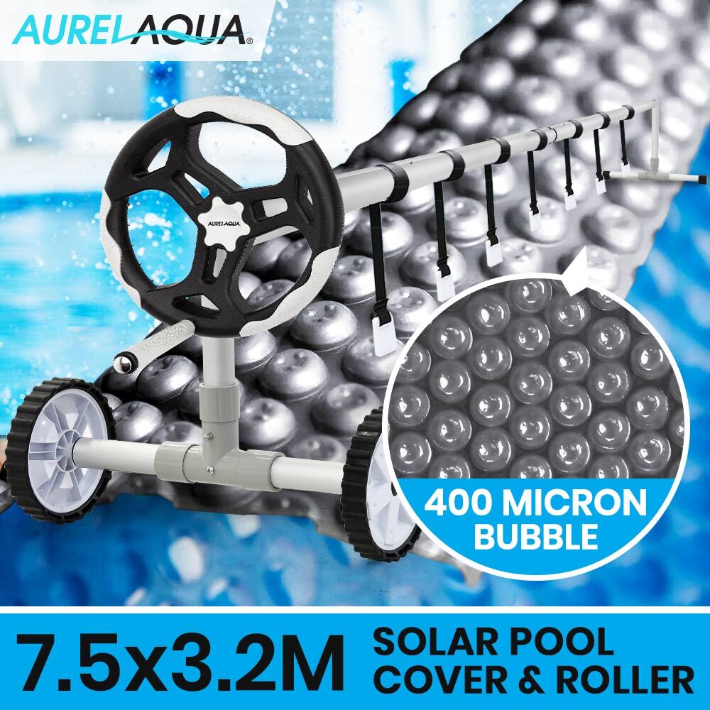 AURELAQUA Pool Cover Roller and 7.5x3.2m Solar Blanket 400 Micron, Blue/Silver
