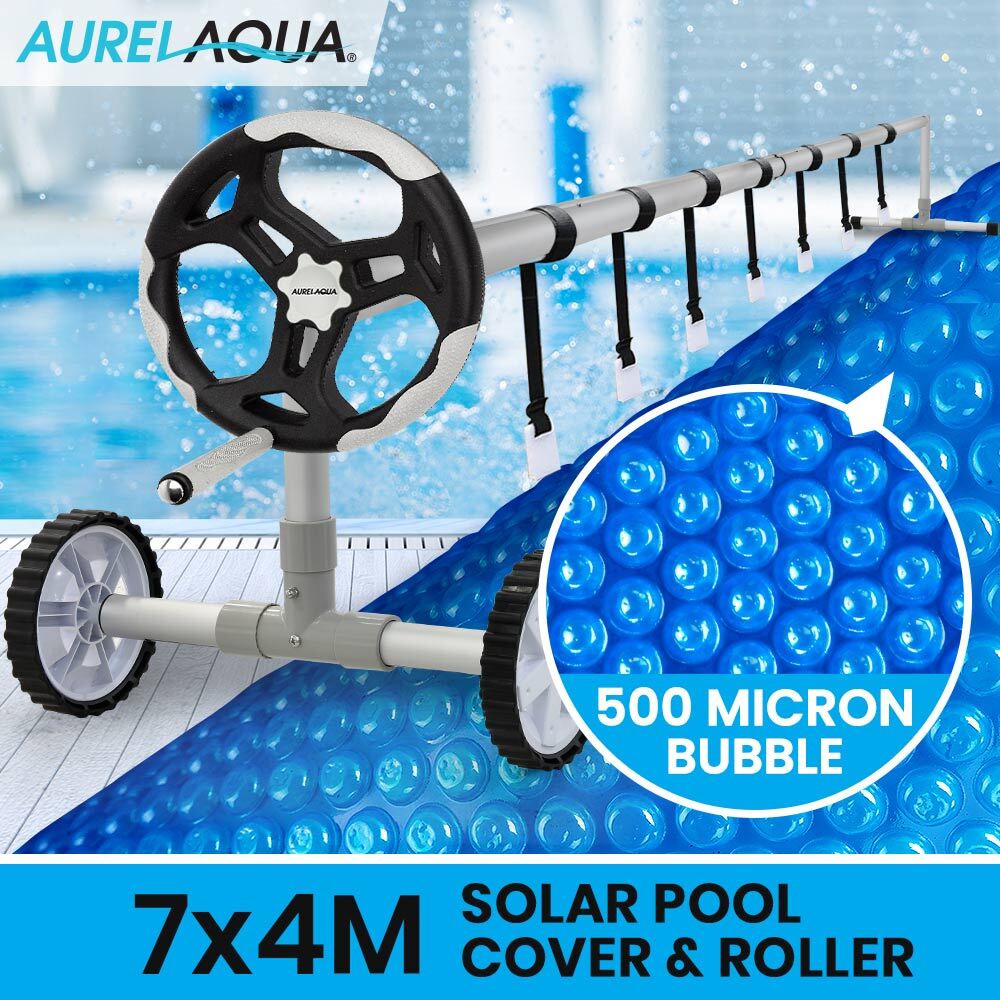 AURELAQUA Pool Cover Roller and 7x4m Solar Blanket 500 Micron, Blue