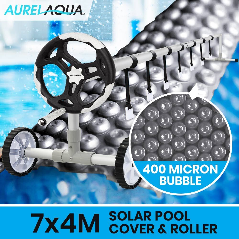 AURELAQUA Cover Pool Roller and 7x4m Solar Blanket 400 Micron, Blue/Silver