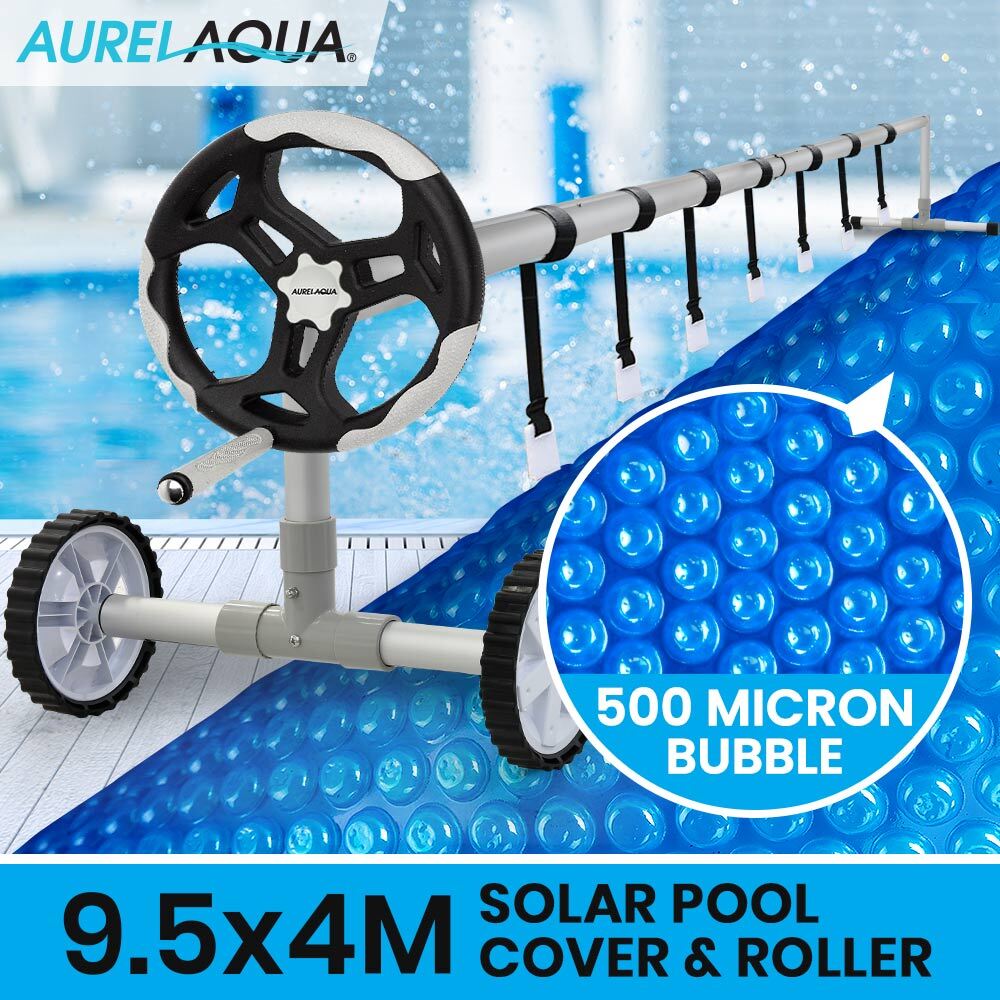 AURELAQUA Cover Pool Roller and 9.5x4m Solar Blanket 500 Micron, Blue