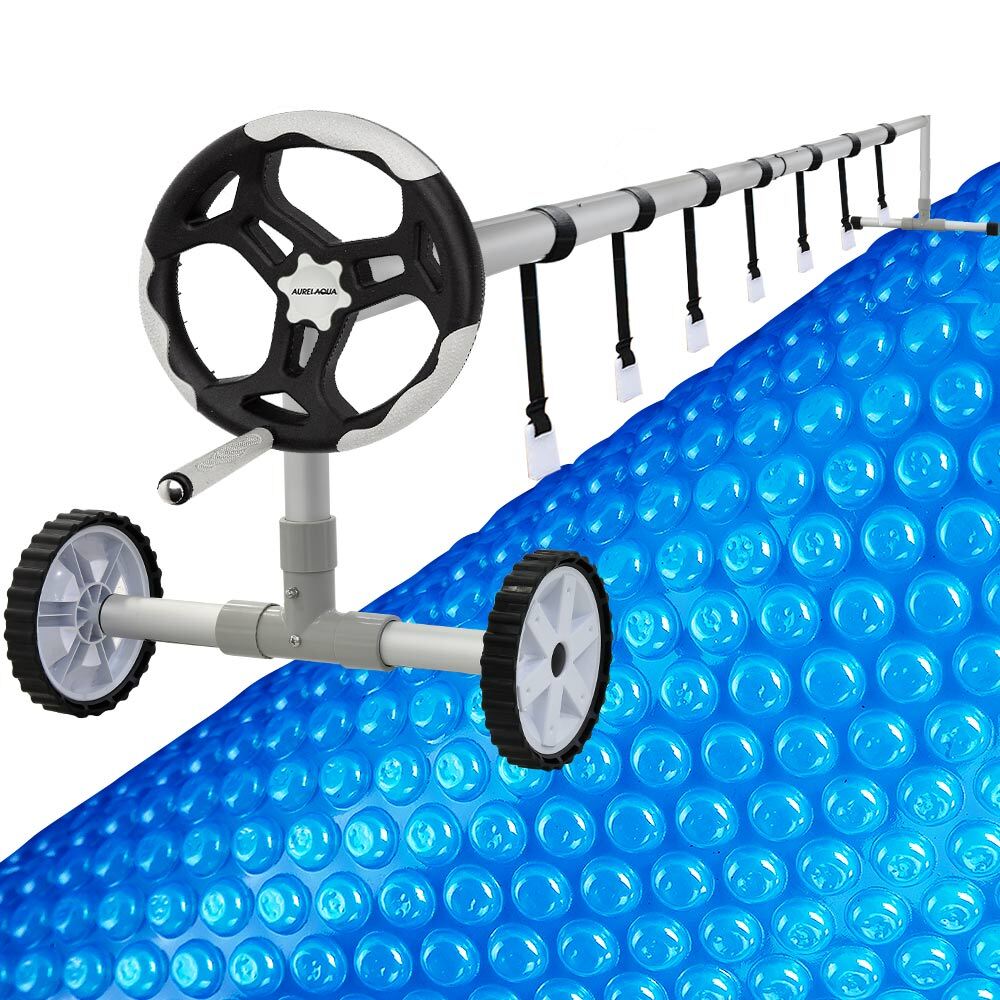 AURELAQUA Cover Pool Roller and 9.5x4m Solar Blanket 500 Micron, Blue