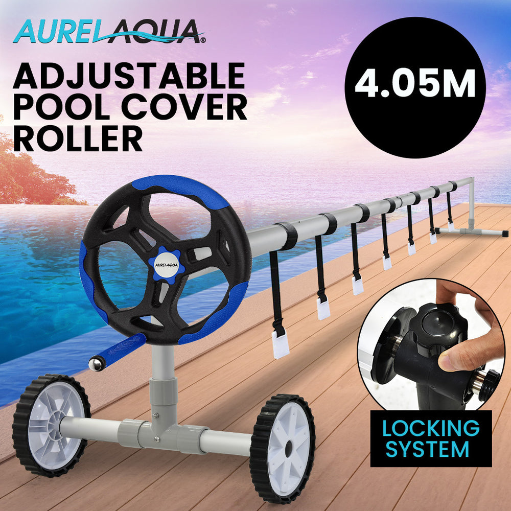 AURELAQUA 4.05m Swimming Pool Roller Cover Reel Adjustable Solar Wheels Thermal