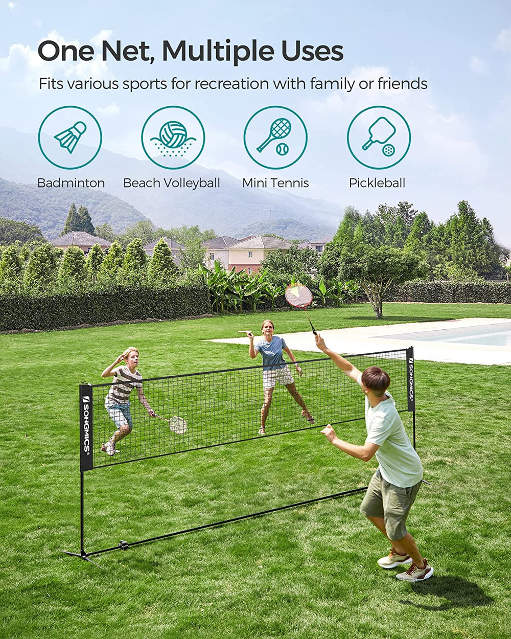 SONGMICS 4m Portable Tennis Badminton Net with Rust-Resistant Tubes Black