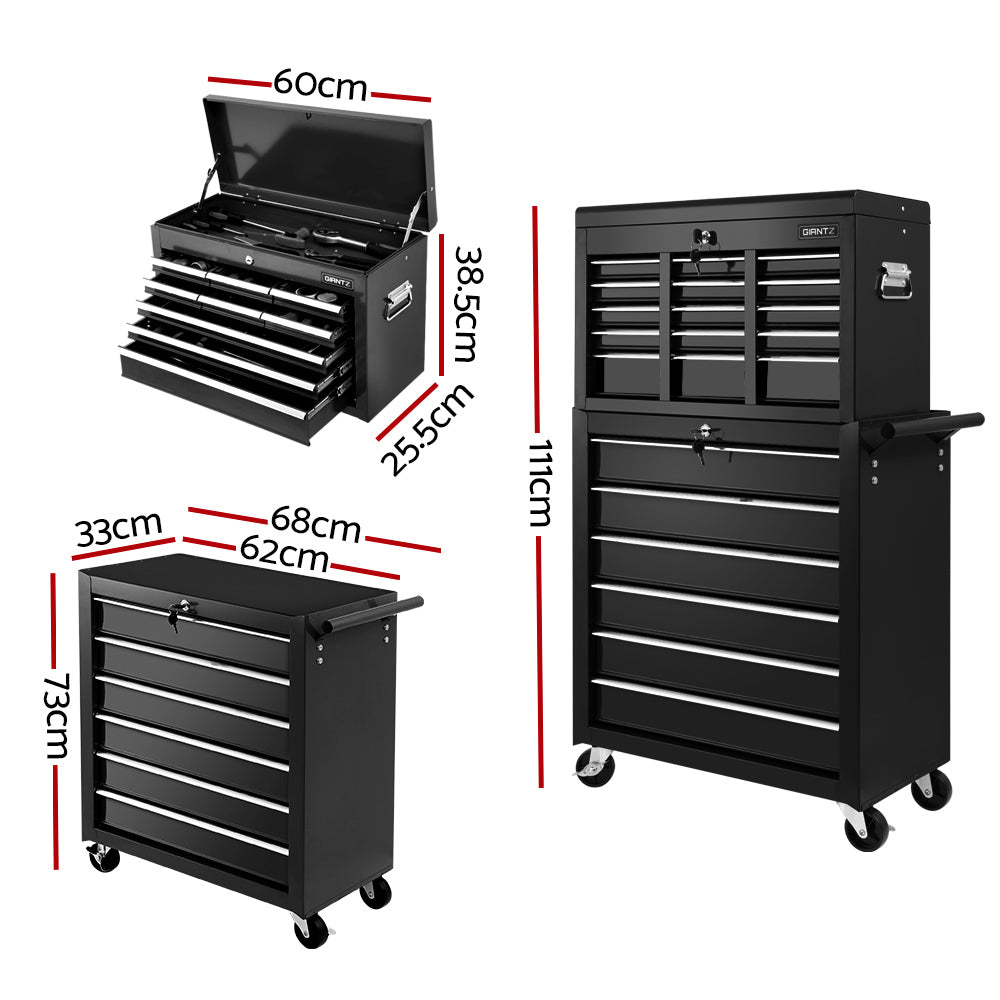 Giantz Tool Box Cabinet Trolley 15 Drawers Toolbox Black