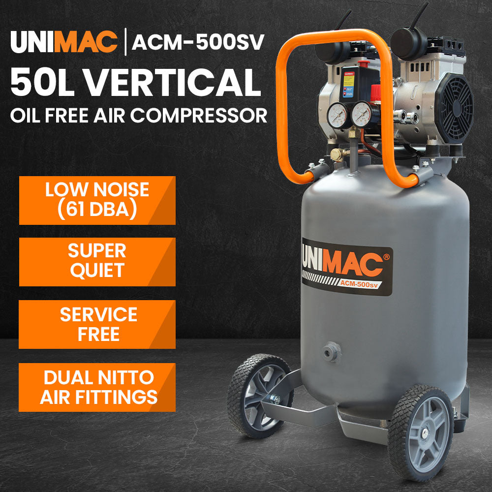 Unimac 2HP 50L Silent Oil-Free Portable Electric Air Compressor, Vertical, for Airtools, Tyre Inflation