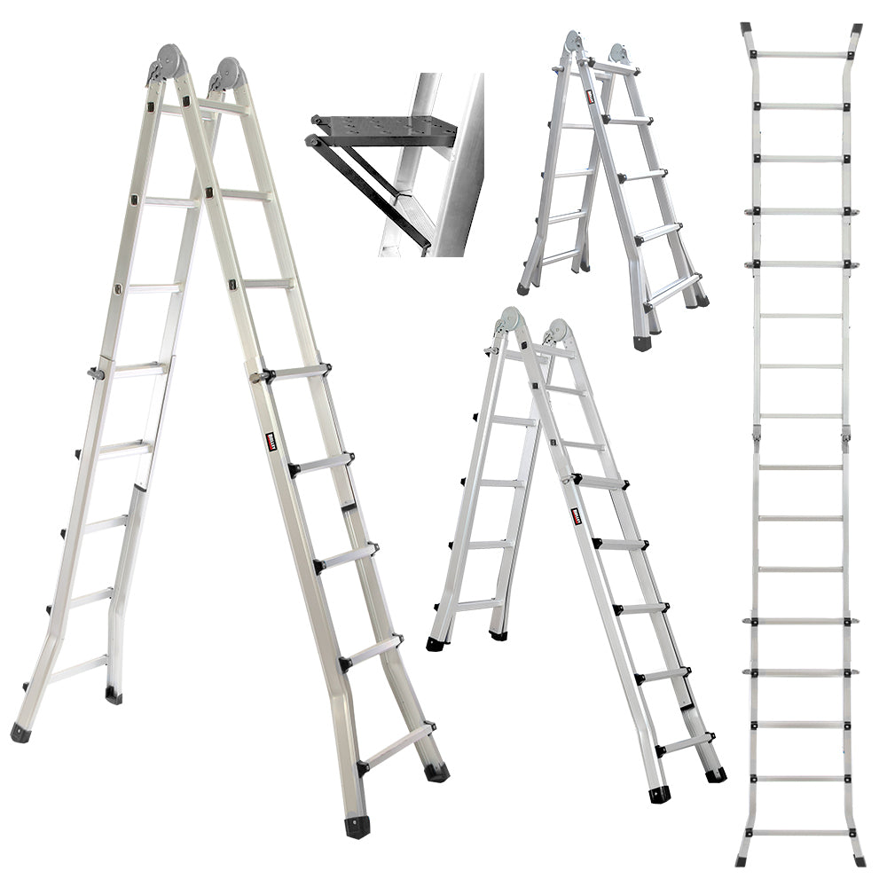 Bullet 5.1m Folding Aluminium Multipurpose Ladder, w/ Workshelf Platform, Spring Assisted Rapid Safety Lock Adjusters