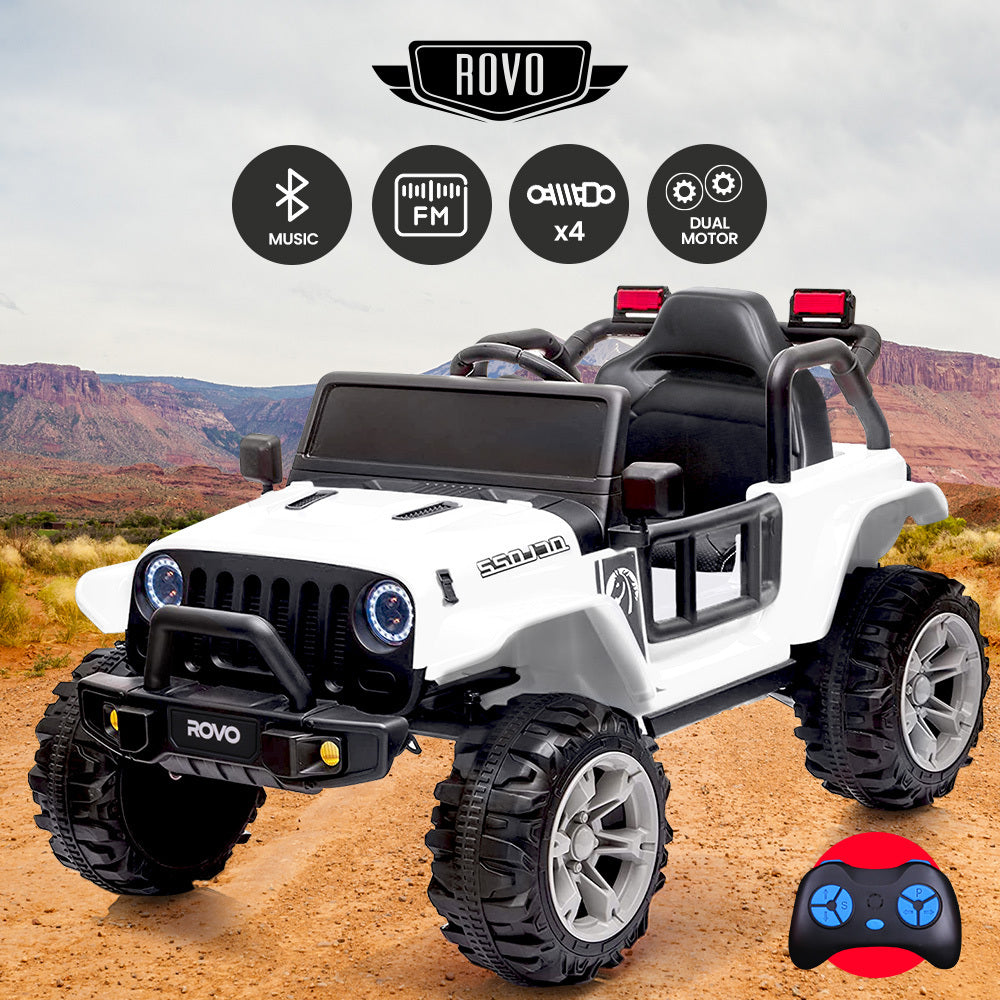 Rovo Kids Jeep Inspired Electric Ride On Toy Car, with Parental Remote Control, Bluetooth Music, White