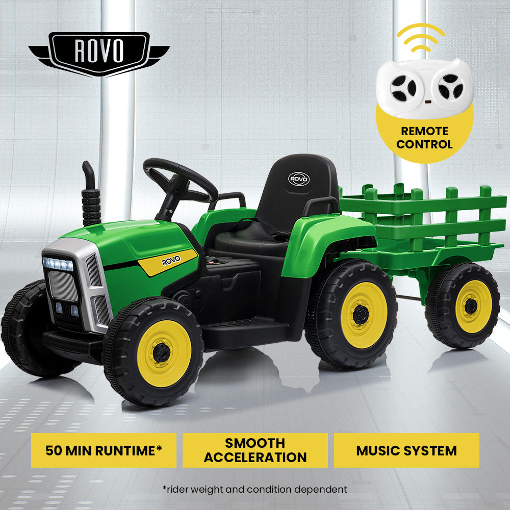 ROVO KIDS Electric Ride On Toy Tractor and Trailer Children&#39;s Car Remote Control - Green and Yellow