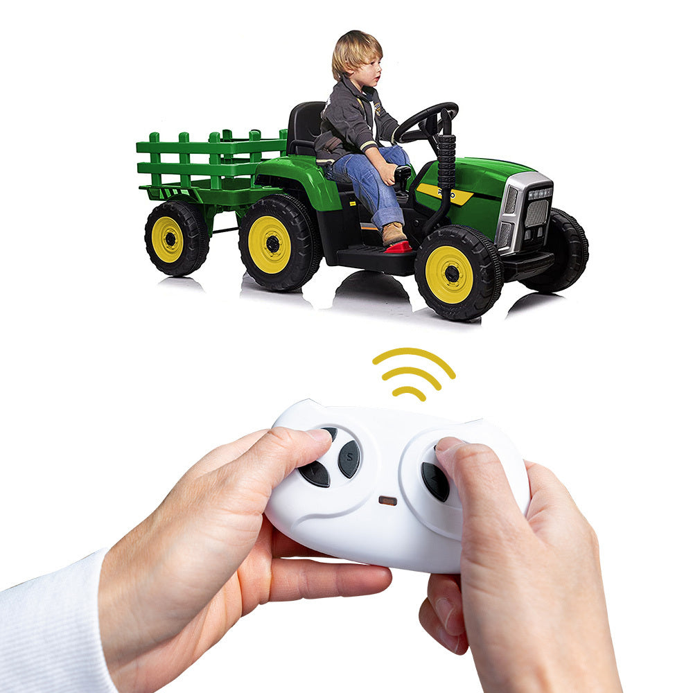 ROVO KIDS Electric Ride On Toy Tractor and Trailer Children&#39;s Car Remote Control - Green and Yellow