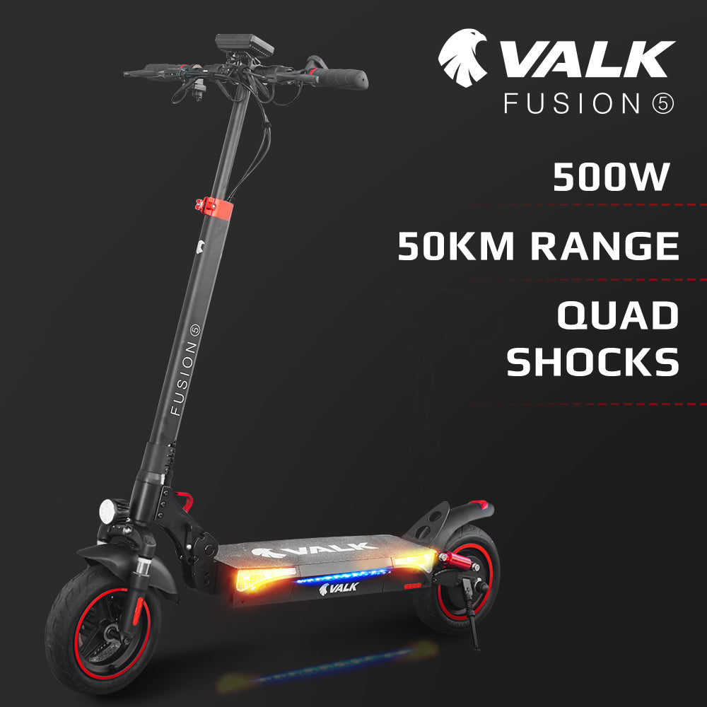 VALK Fusion 5 Electric Scooter, 500W 48V 13Ah Lithium 50km Range 40km/h Quad Shocks 10 inch Tyres,