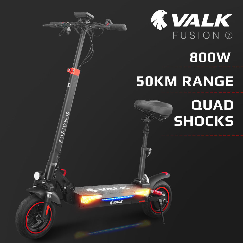 VALK Fusion 7 Electric Scooter with Seat option 800W 48V 13Ah Lithium 50km Range Quad Shocks 10 inch Tyres