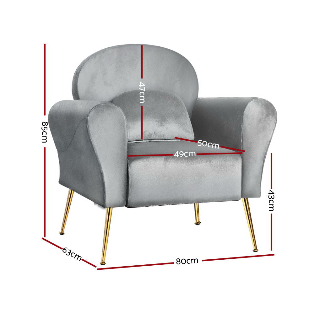 Artiss Velvet Accent Armchair with Cushion Grey