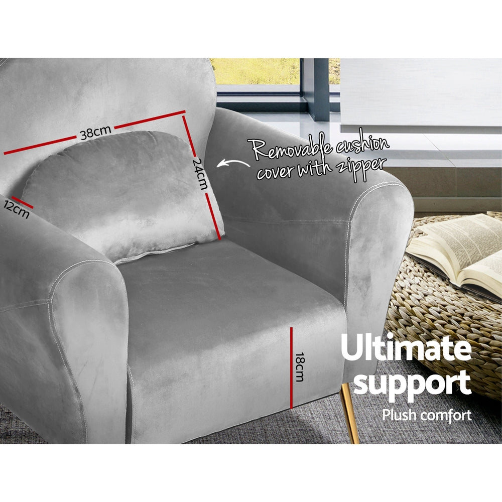 Artiss Velvet Accent Armchair with Cushion Grey