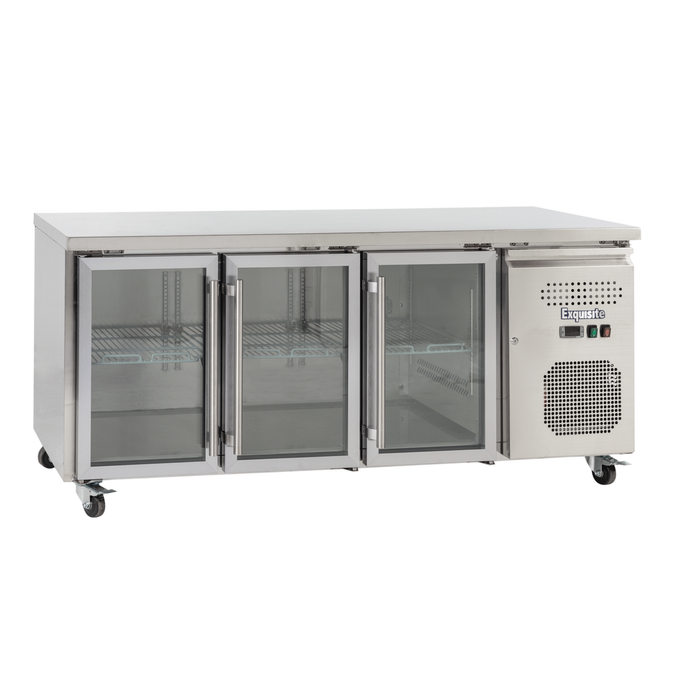 Exquisite SSC400G Three Glass Doors Underbench Storage Commercial Refrigerators Slimline 386 Litre