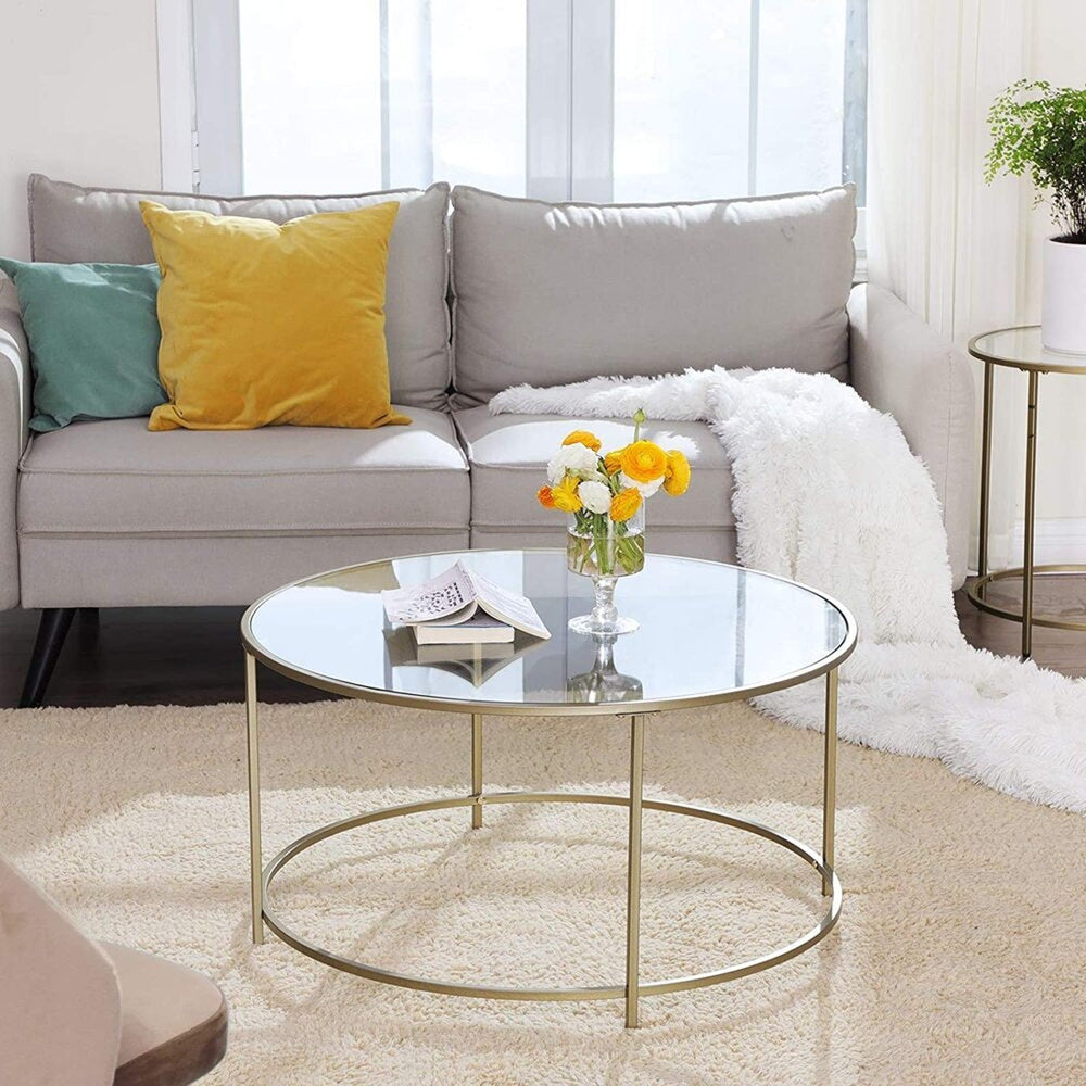 VASAGLE Glass Top Round Tables with Metal Frame Coffee Table - Gold