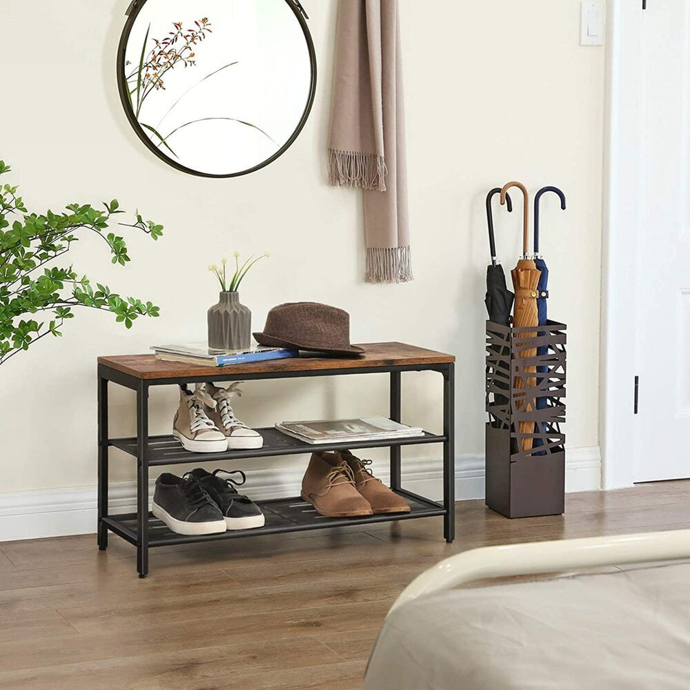 VASAGLE Bench Storage Organiser Mesh Shelf &lrm;Shoe Rack - Rustic Brown