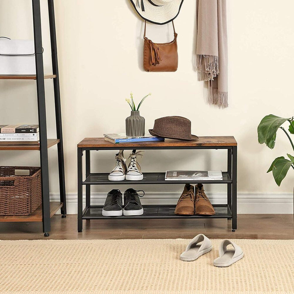 VASAGLE Bench Storage Organiser Mesh Shelf &lrm;Shoe Rack - Rustic Brown