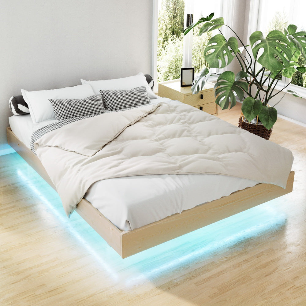 Artiss Bed Frame Queen Size Floating LED Wooden Bed Base ODIN