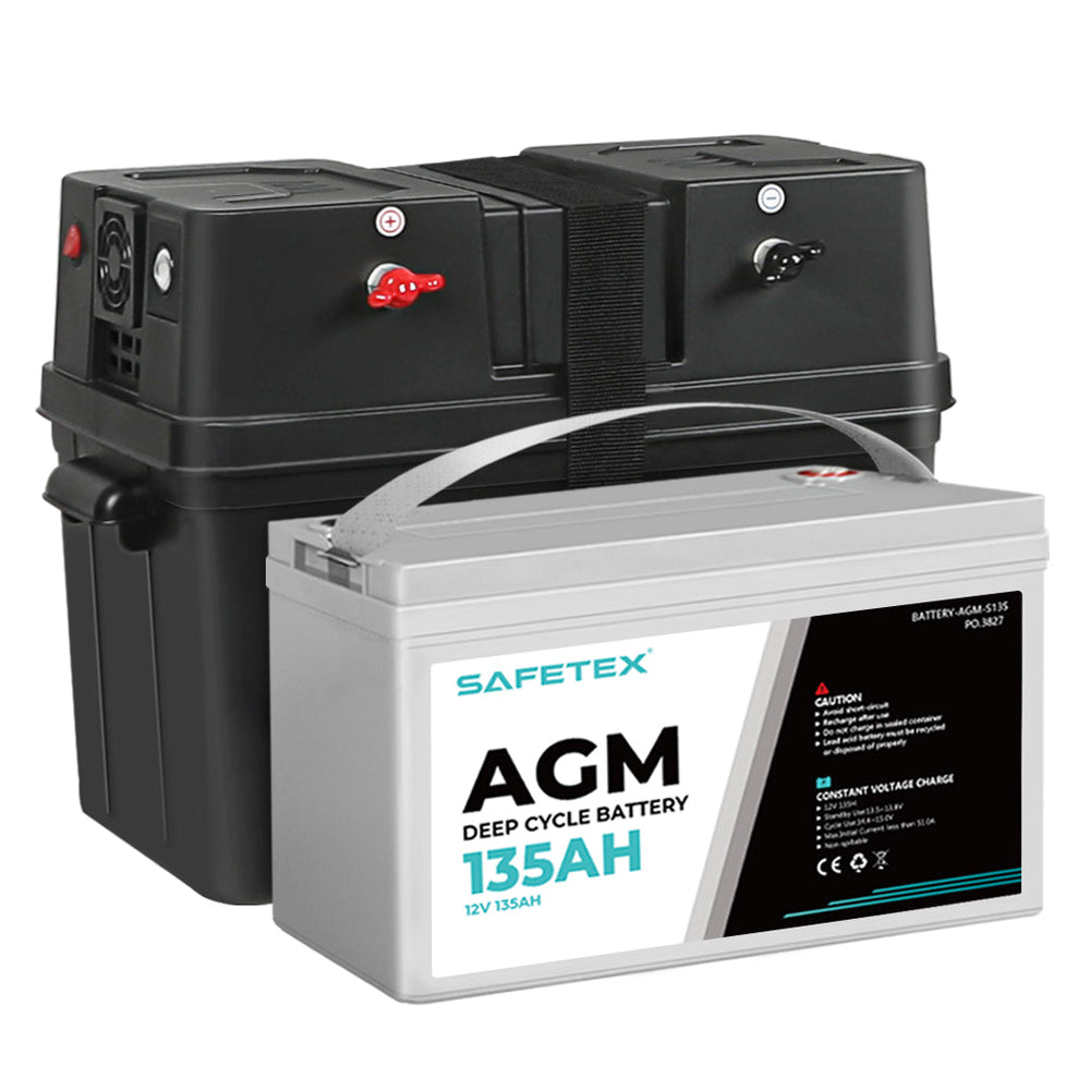 12V 135Ah AGM Battery Outdoor Rv Marine 4WD Deep Cycle &amp; W/ Strap Battery Box