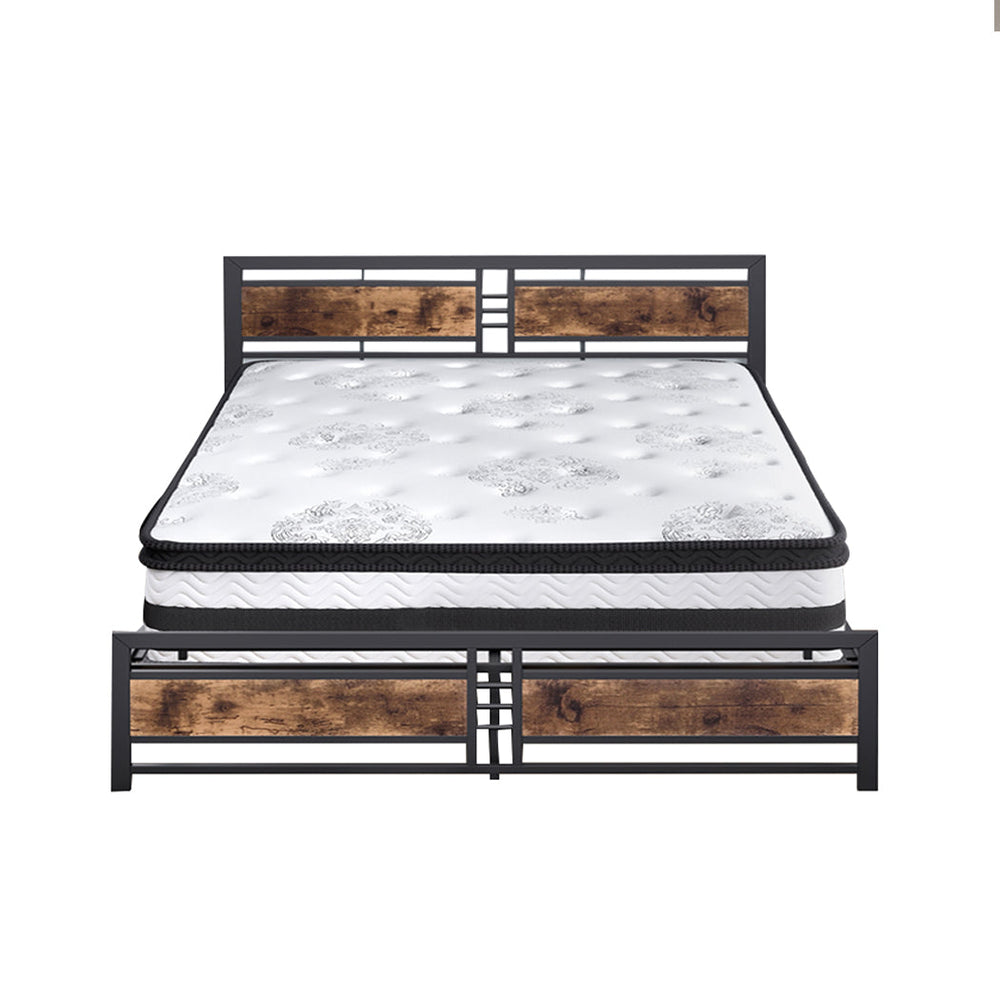 Metal Industrial King Bed Frame Spring Mattress Base Set HD 35cm Foam Brown