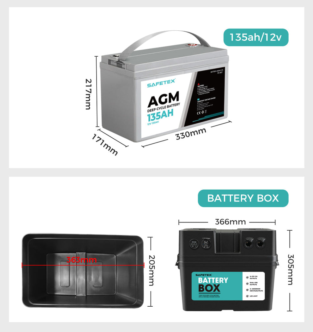 12V 135Ah AGM Battery Outdoor Rv Marine 4WD Deep Cycle &amp; W/ Strap Battery Box