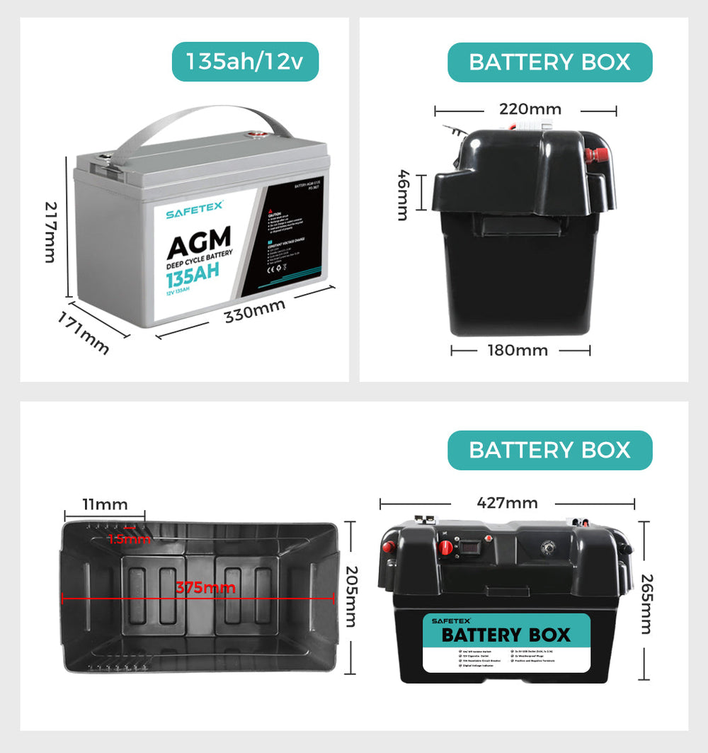 12V 135Ah AGM Battery Outdoor Rv Marine 4WD Deep Cycle &amp; W/ Strap Battery Box