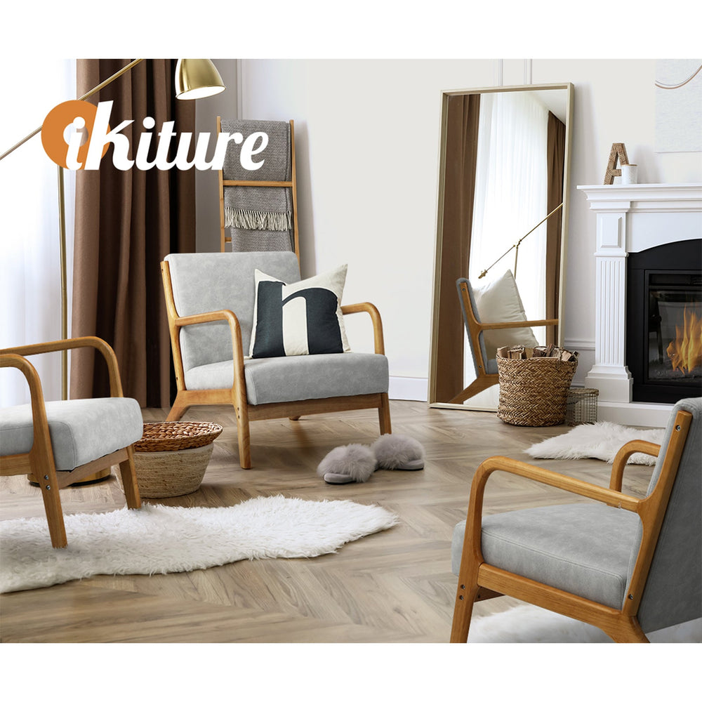 Oikiture Armchair Lounge Chair Accent Armchairs Couches Sofa Wood Light Grey