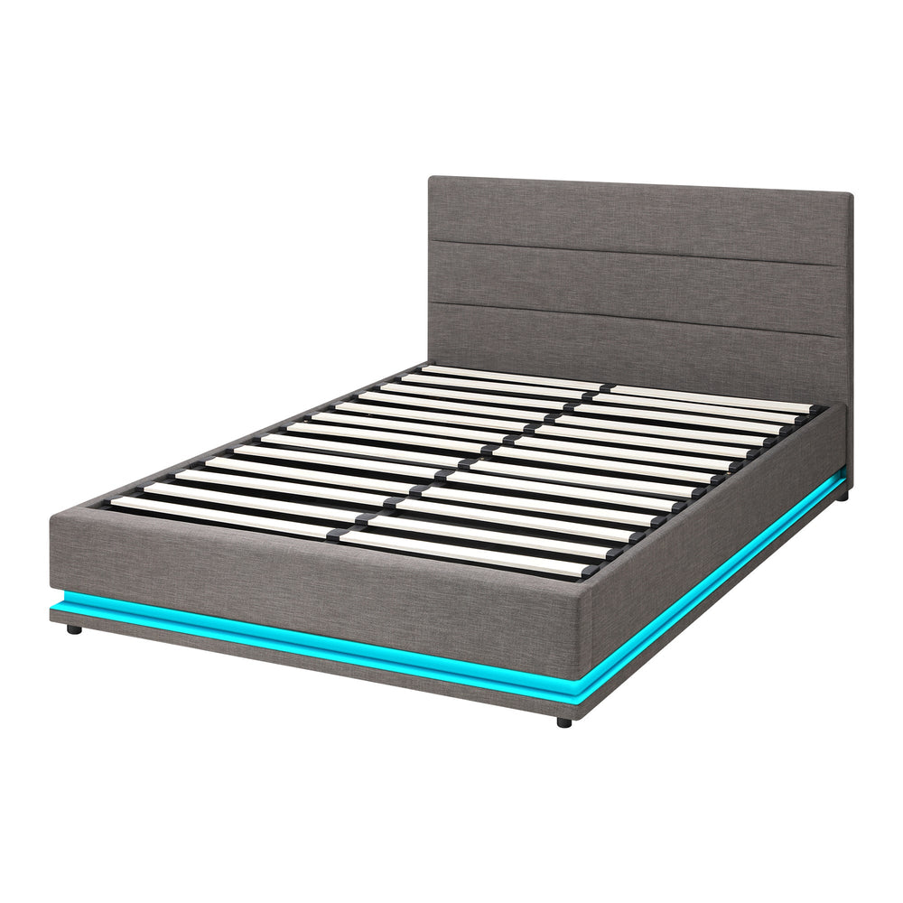 Oikiture Bed Frame Double Size Bed Platform RGB LED Gas Lift Base Storage Grey