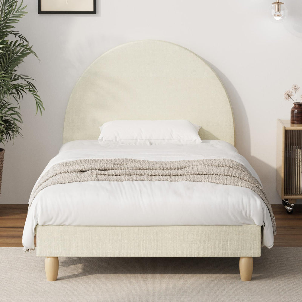 Oikiture Bed Frame Single Size Arched Beds Platform Beige Fabric