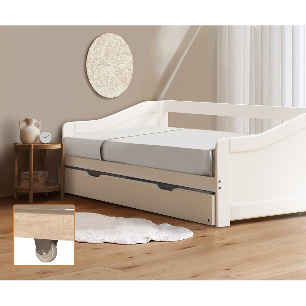 Oikiture Trundle Bed Frame Daybed Single Size Base Timber Wooden Kids Double Bed