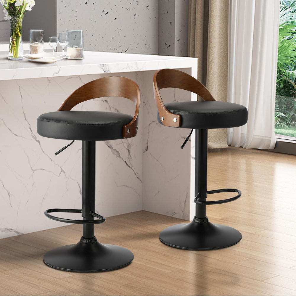 Oikiture Kitchen Bar Stools Gas Lift Swivel Chairs Stool Wooden PU Leather x2