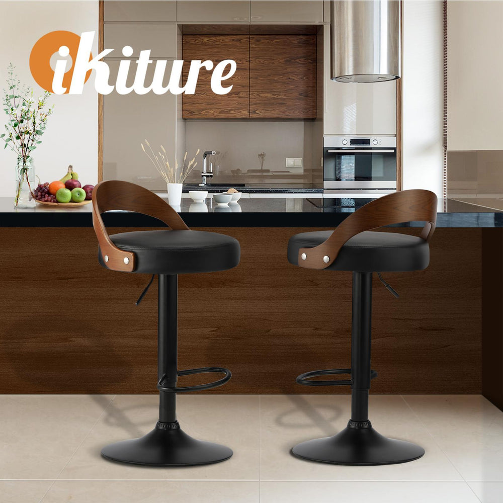 Oikiture Kitchen Bar Stools Gas Lift Swivel Chairs Stool Wooden PU Leather x2
