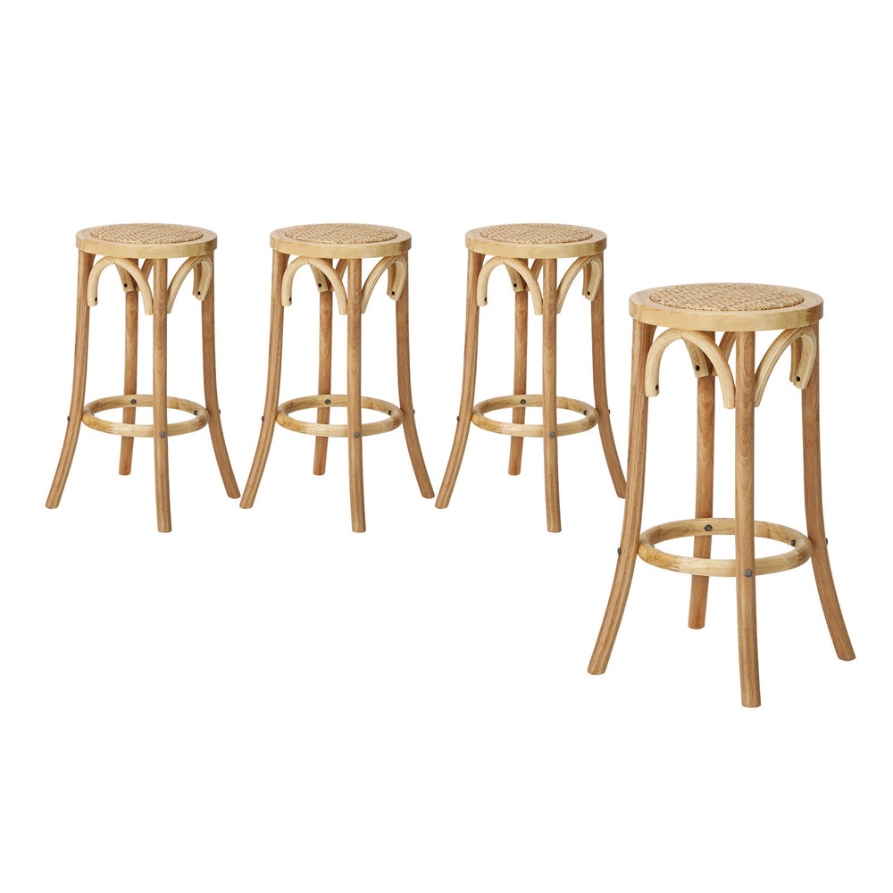 Oikiture 4x Bar Stools Kitchen Vintage Dining Chair Rattan Seat Natural
